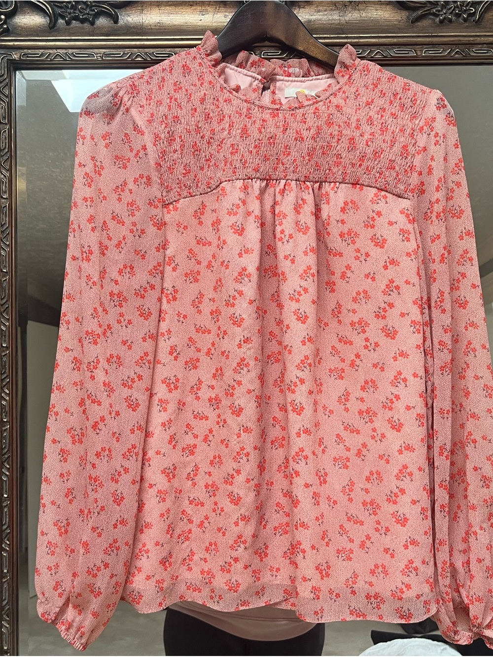 Boden Janie Pink And Red Floral Ditsy Cottage Smocked Blouse